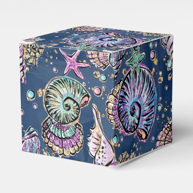 Underwater Blue Luxe | Pastel Gold Seashells Favor Boxes (Front Side)