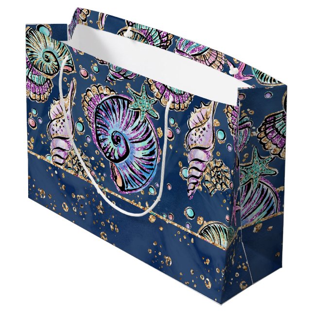 Underwater Blue Luxe | Pastel Gold Seashells Large Gift Bag (Back Angled)