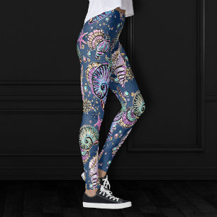 Underwater Blue Luxe Pastel Gold Seashells Leggings