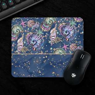 Underwater Blue Luxe Pastel Gold Seashells Mouse Pad