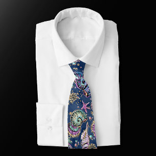 Underwater Blue Luxe   Pastel Gold Seashells Neck Tie