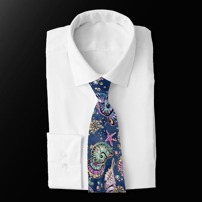Underwater Blue Luxe | Pastel Gold Seashells Neck Tie (Creator Uploaded)