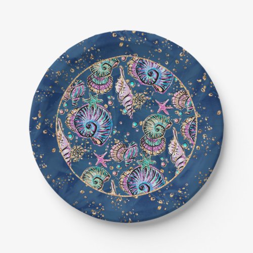 Underwater Blue Luxe  Pastel Gold Seashells Paper Plates