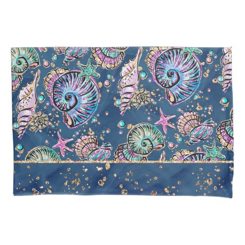 Underwater Blue Luxe  Pastel Gold Seashells Pillow Case