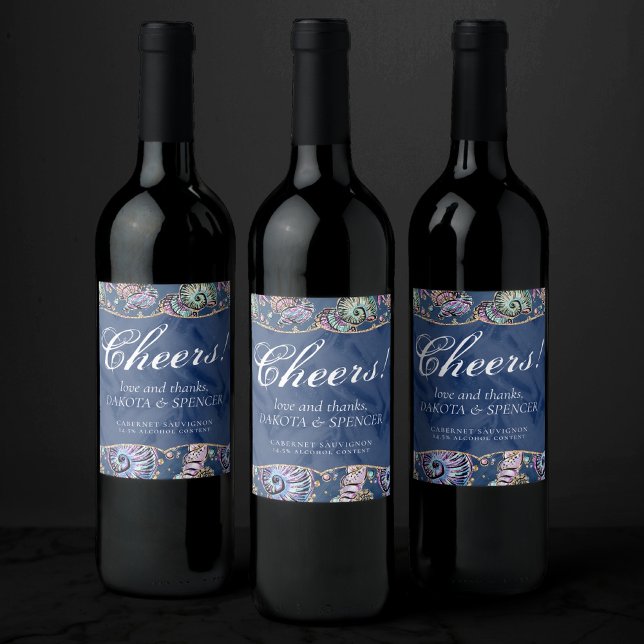 Underwater Blue Luxe | Pastel Gold Seashells Wine Label (Creator Uploaded)