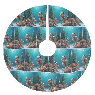 Underwater Christmas Seahorse and Sea Turtle Brushed Polyester Tree Skirt
