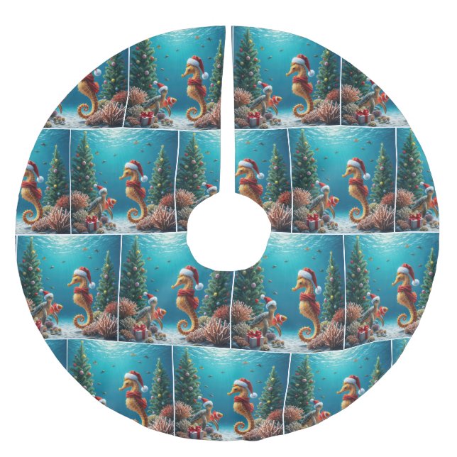 Underwater Christmas Seahorse and Sea Turtle Brushed Polyester Tree Skirt (Front)