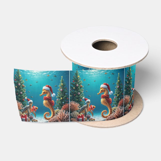 Underwater Christmas Seahorse and Sea Turtle Satin Ribbon (Spool)