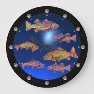 UNDERWATER / COLORFUL RAINBOW TROUTS Blue Large Clock