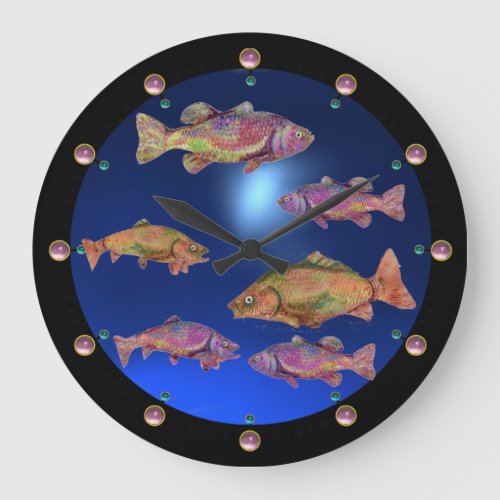 UNDERWATER  COLORFUL RAINBOW TROUTS Blue Large Clock