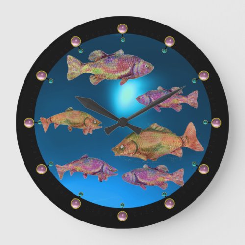 UNDERWATER  COLORFUL RAINBOW TROUTS Blue Large Clock