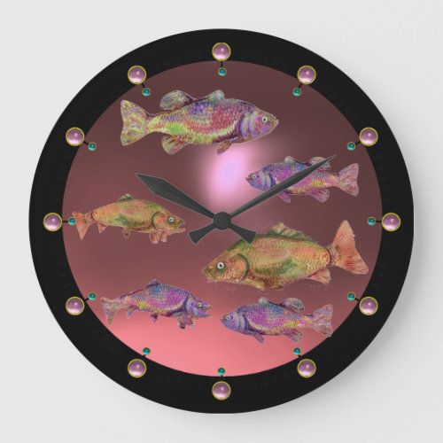 UNDERWATER  COLORFUL RAINBOW TROUTS Pink Large Clock