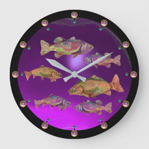 UNDERWATER,COLORFUL RAINBOW TROUTS Purple Pink Gem Large Clock
