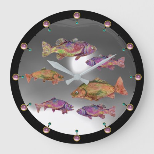 UNDERWATERCOLORFUL RAINBOW TROUTS White Pink Gem Large Clock