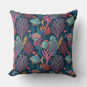 Underwater Coral & Fishes - Aquatic Ocean Pattern Throw Pillow
