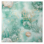 Underwater Coral & Shells in Teal Watercolor Ceramic Tile<br><div class="desc">Bring the tranquil beauty of the ocean floor into your home with this elegant ceramic tile featuring a watercolor illustration of coral and seashells. Set against a rich teal background, the delicate marine elements — from scallop shells to branching coral — are painted in soft, natural hues with subtle golden...</div>