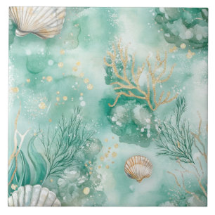 Underwater Coral & Shells in Teal Watercolor Ceramic Tile