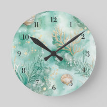 Underwater Coral & Shells in Teal Watercolor Round Clock