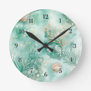 Underwater Coral & Shells in Teal Watercolor Round Clock