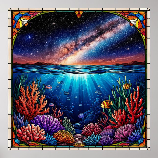 Underwater Corals with Starry Sky Above Poster (Front)