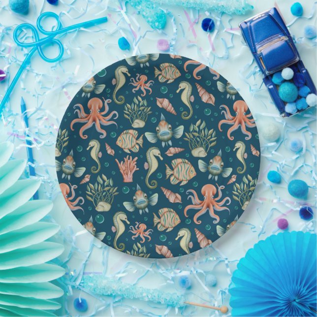 Underwater Creatures on blue Paper Plates (Party)