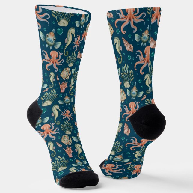 Underwater Creatures on blue Socks (Angled)
