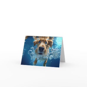 Underwater Dog Swimming Bubbles Blue Eyes Blank Card
