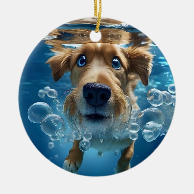 Underwater Dog Swimming Bubbles Ornament (Front)
