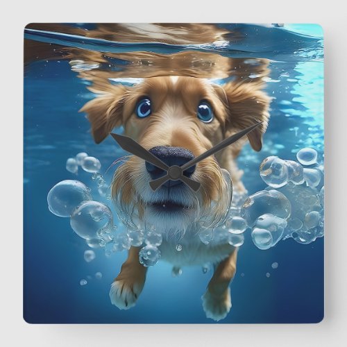 Underwater Dog Swimming Faux Wrapped Canvas Print Square Wall Clock