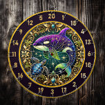 Underwater Elegance Orca Dartboard Decor<br><div class="desc">Create a captivating focal point in your fishing lodge or man cave with this underwater-inspired orca dartboard decor. The stunning centerpiece features an orca adorned in vivid purple, gold, and blue patterns, designed to resemble intricate stained glass. Alongside the orca, a detailed turtle adds a calming, natural touch to the...</div>