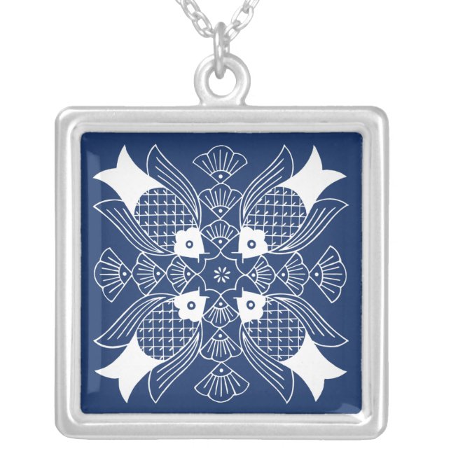 Underwater Fish Design with Blue Background Silver Plated Necklace (Front)