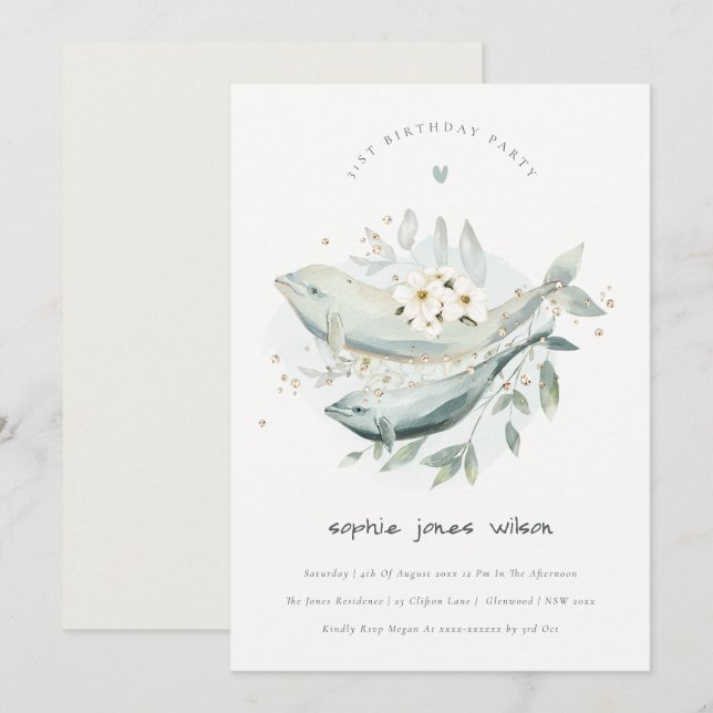 Underwater Floral Fish Any Age Birthday Invite (Front/Back)