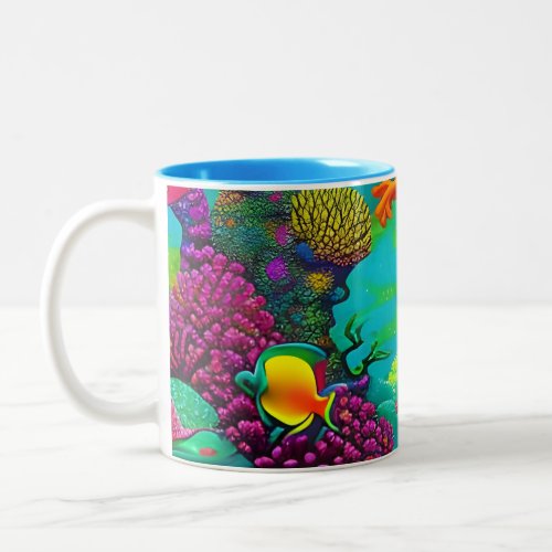Underwater Fluorescent Coral Reef Drawing  Two_Tone Coffee Mug