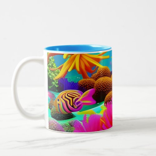 Underwater Fluorescent Coral Reef Drawing Two_Tone Coffee Mug