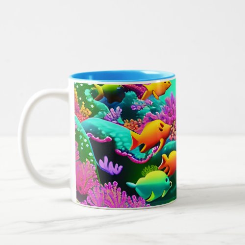 Underwater Fluorescent Coral Reef Drawing Two_Tone Coffee Mug