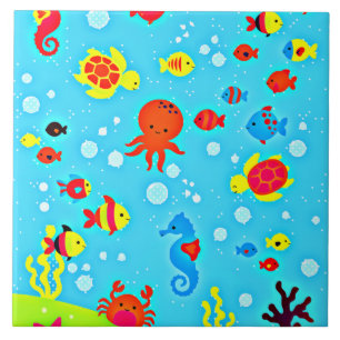 Underwater Friends, colorful and cute Ceramic Tile
