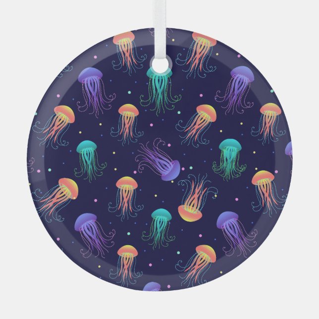 Underwater jellyfish world: bright pattern. glass ornament (Front)