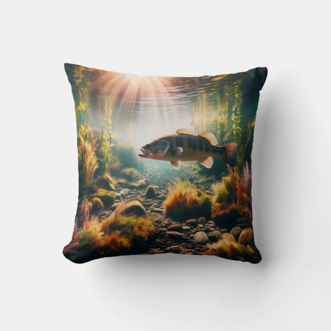 Underwater large mouth bass throw pillow (Front)