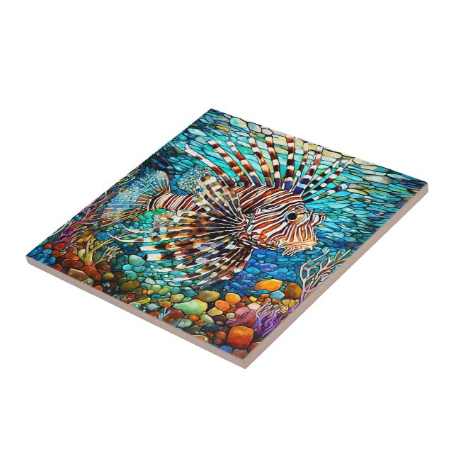 Underwater Lion fish Stained glass art Ceramic Tile (Side)