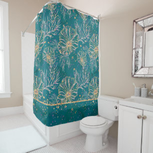 Underwater Luxe   Teal and Gold Ocean Sea Life Shower Curtain