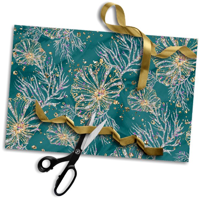 Underwater Luxe | Teal and Gold Ocean Sea Life Tissue Paper (Creator Uploaded)