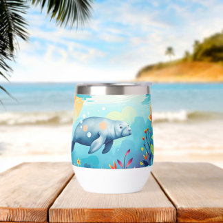 Underwater Manatee and Floral Fantasy Art Thermal Wine Tumbler