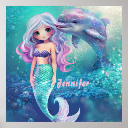 Underwater Mermaid and Dolphin  Poster