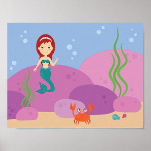 Underwater mermaid ocean cartoon nursery kids room poster