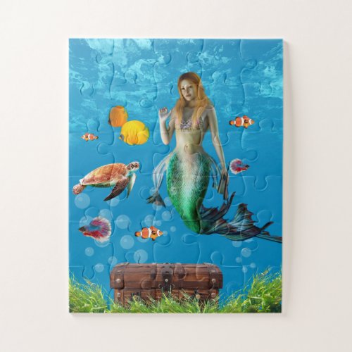 Underwater Mermaid Treasure Hunt Fantasy Blue Jigsaw Puzzle