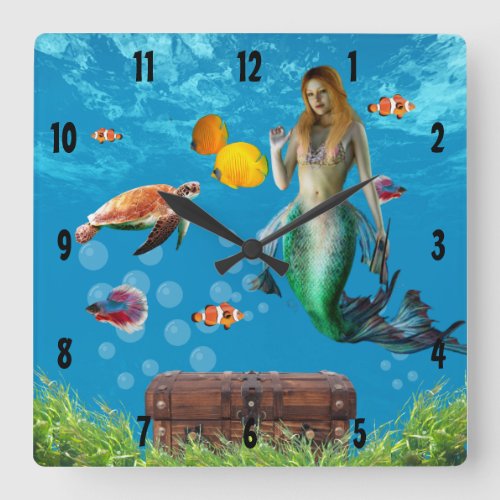 Underwater Mermaid Treasure Hunt Fantasy Blue Square Wall Clock