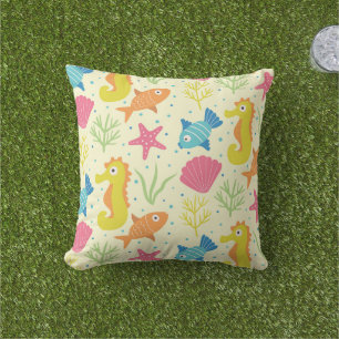 Underwater ocean seahorse,starfish and seashells  outdoor pillow
