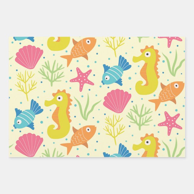 Underwater ocean seahorse,starfish seashells  wrapping paper sheets (Front)