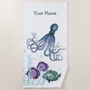 Underwater Octopus Fish Scene shades of blue Beach Towel