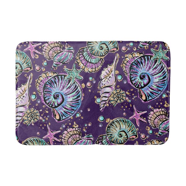 Underwater Purple Luxe | Dark Pastel Gold Sea Life Bath Mat (Front)